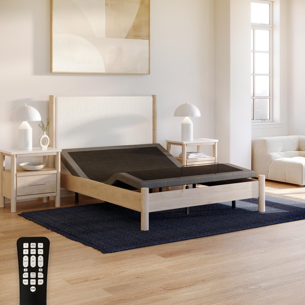 Adjustable Comfort Upholstered Adjustable Bed Base 2.0 with Upgraded Motors, Massage, Wireless Remote, USB Port-Ergonomic Head and Foot Inclines, Queen