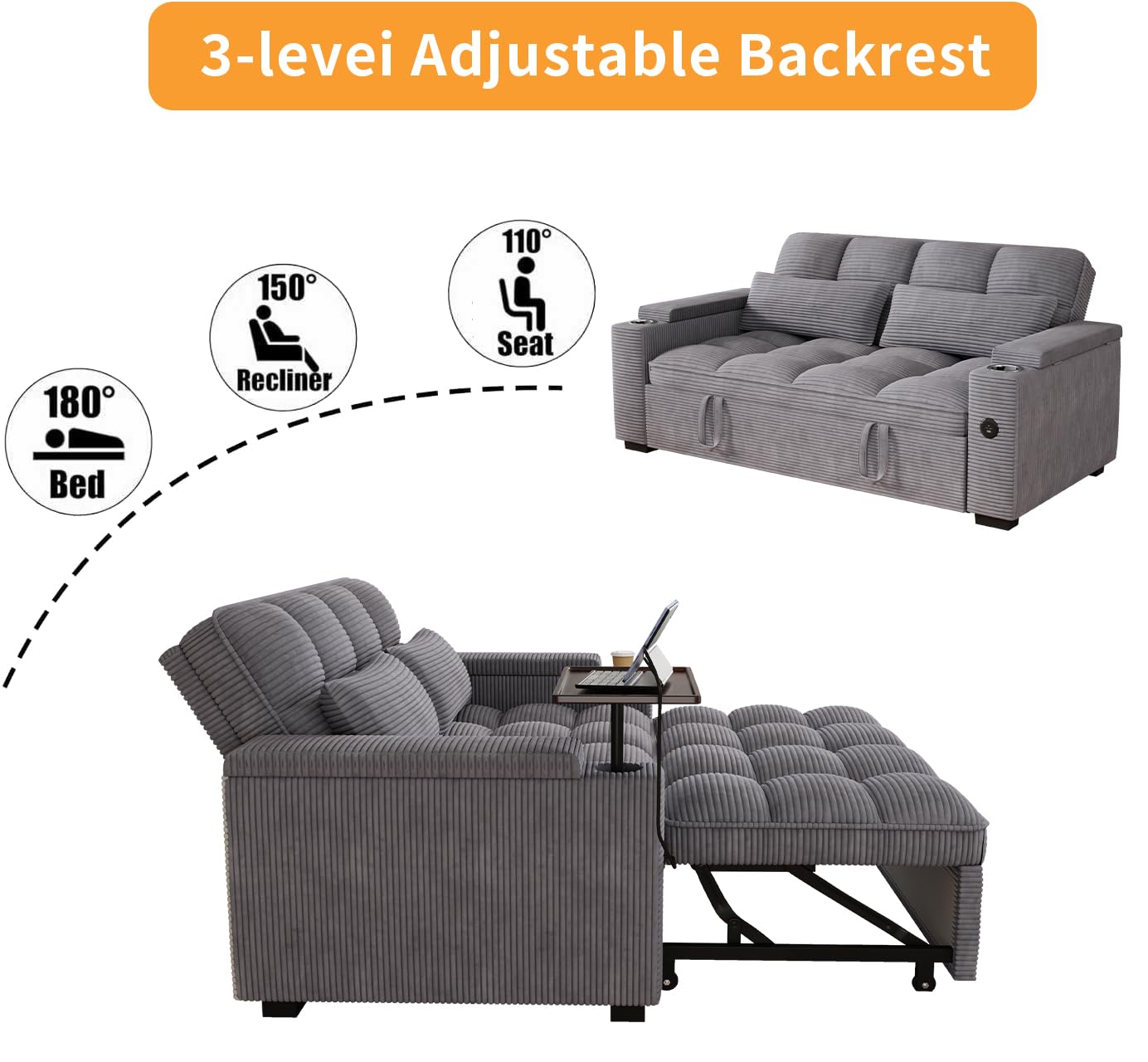 KEIKI 65" 3-in-1 Convertible Sofa Bed, Space-Saving Pull-Out Sleeper Loveseat with 360° Swivel Table, USB Charging Ports & Hidden Storage, Premium Ribbed Corduroy Couch for Apartments