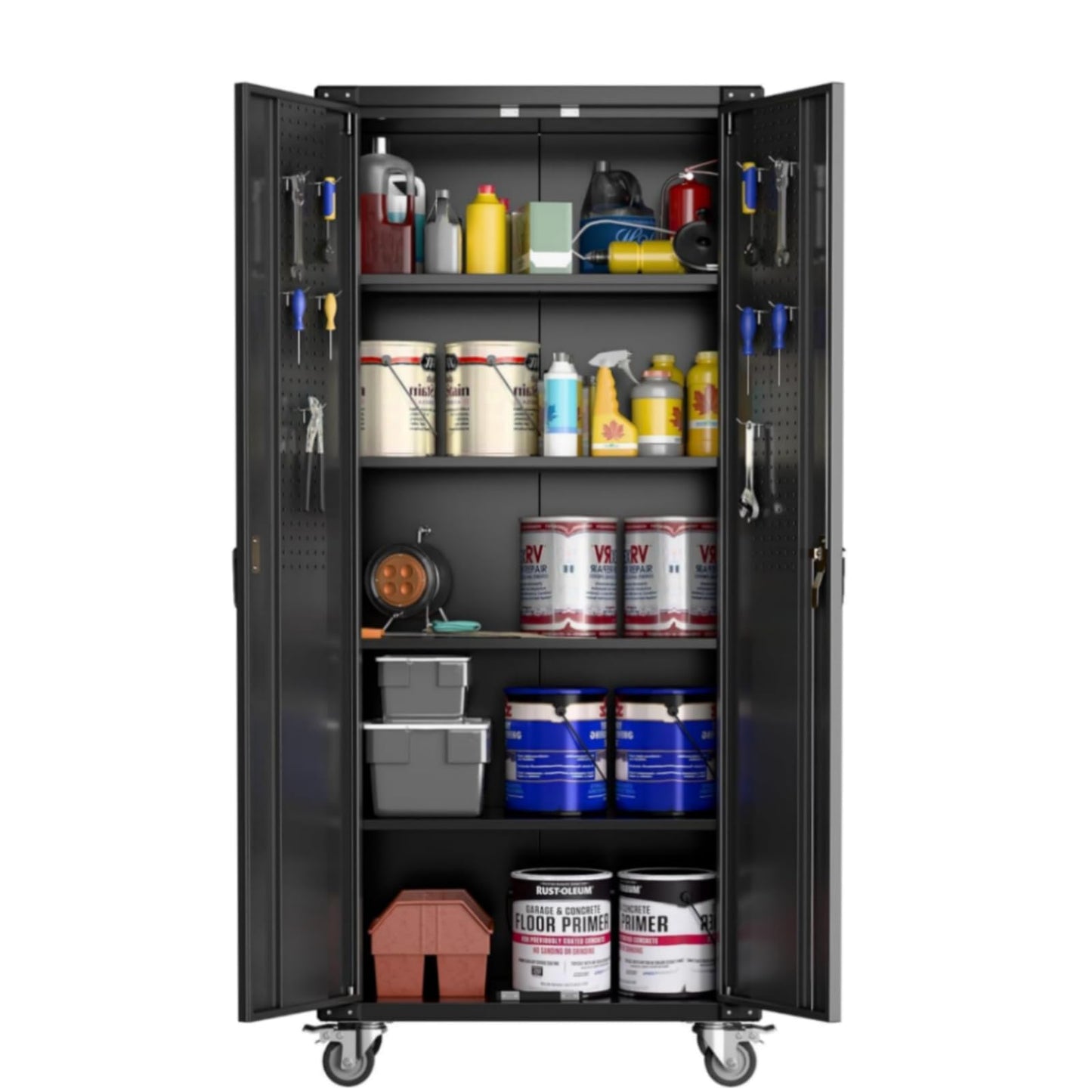 MilleLoom Heavy Duty Rolling Storage Cabinet 72" H – Mobile Locking Metal Cabinet with 4 Adjustable Shelves & Door Pegboard, Ideal for Garage, Workshop, Home Office – Black