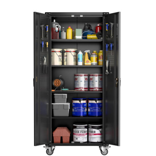 MilleLoom Heavy Duty Rolling Storage Cabinet 72" H – Mobile Locking Metal Cabinet with 4 Adjustable Shelves & Door Pegboard, Ideal for Garage, Workshop, Home Office – Black
