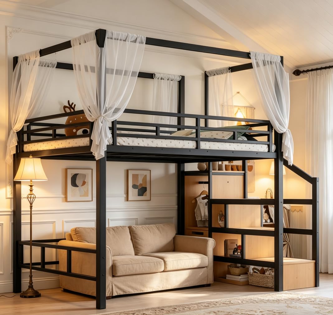 Bellemave Full loft Bed with Storage Stairs, Wardrobe, Canopy Support Pole, Metal Full Loft Bed Frame for Adults, Kids, Teens, Canopy can be Disassembled, Black+Natural Wood