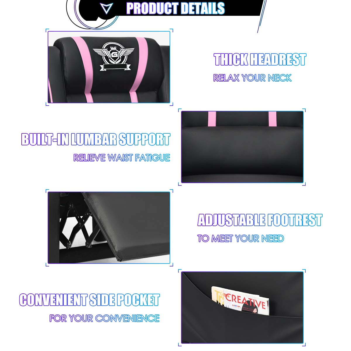 Giantex Gaming Recliner Chair, Adjustable Massage Gaming Chairs for Adults, Ergonomic Comfortable Lounge Leather Sofa w/Footrest, Remote Control & Side Pocket, Racing Style Single Sofa Recliners, Pink