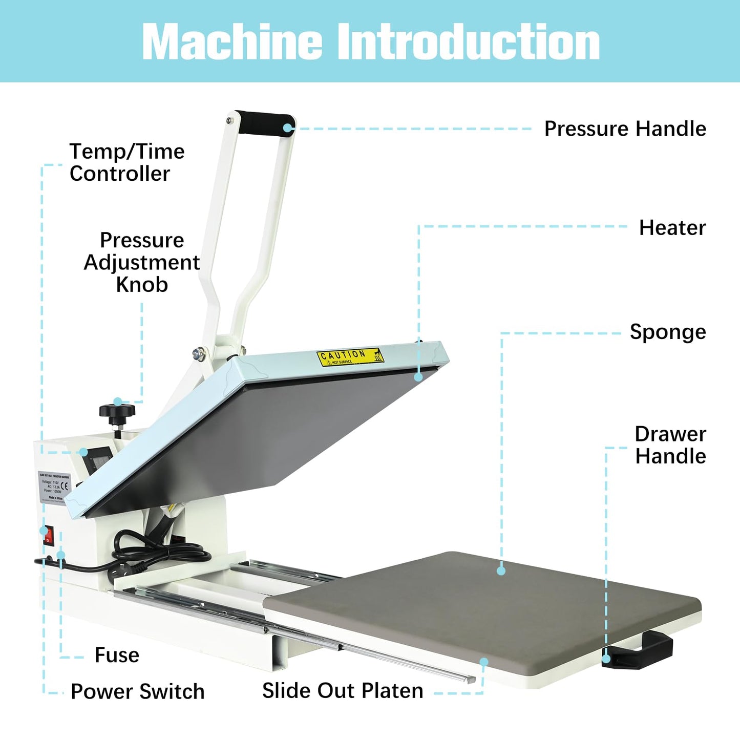 PlanetFlame Heat Press 15x15 inch Industrial Quality with Adjustable Pressure, Slide Out Heat Transfer Machine for T-Shirt, Blue