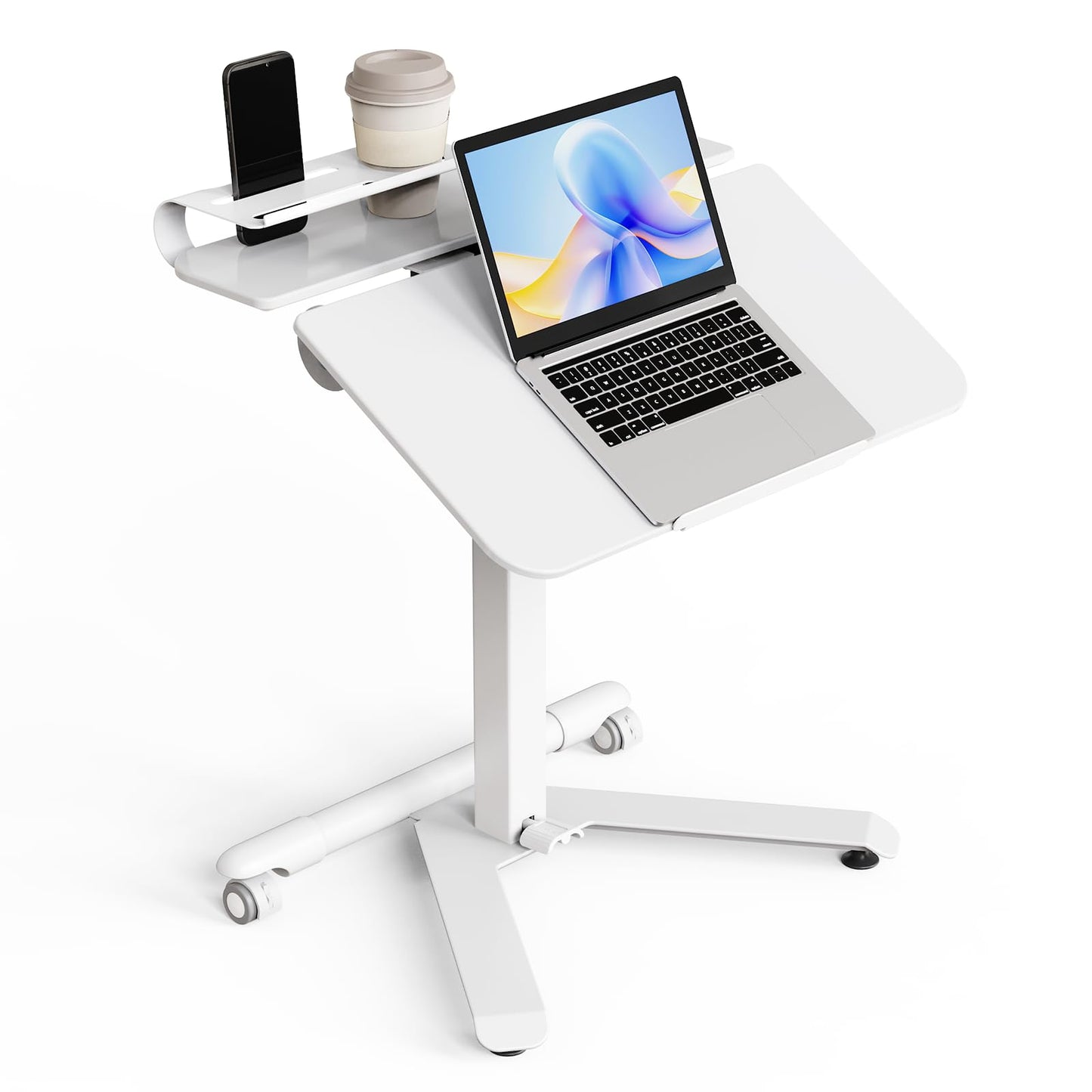 ROMOON Rolling Standing Desk with Wheels, Portable 24 inch Sit-Stand Laptop Cart with Tilt Top and Storage, Mobile Compact Workstation for Home Office and Small Spaces (White)
