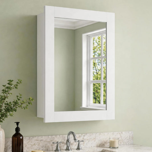 Buruis 20 x 28 Inch Wood Medicine Cabinet with Mirror, Recessed or Wall-Mounted Bathroom Storage Organizer, Adjustable Shelves & Soft-Close Hinges, Fully Assembled, White