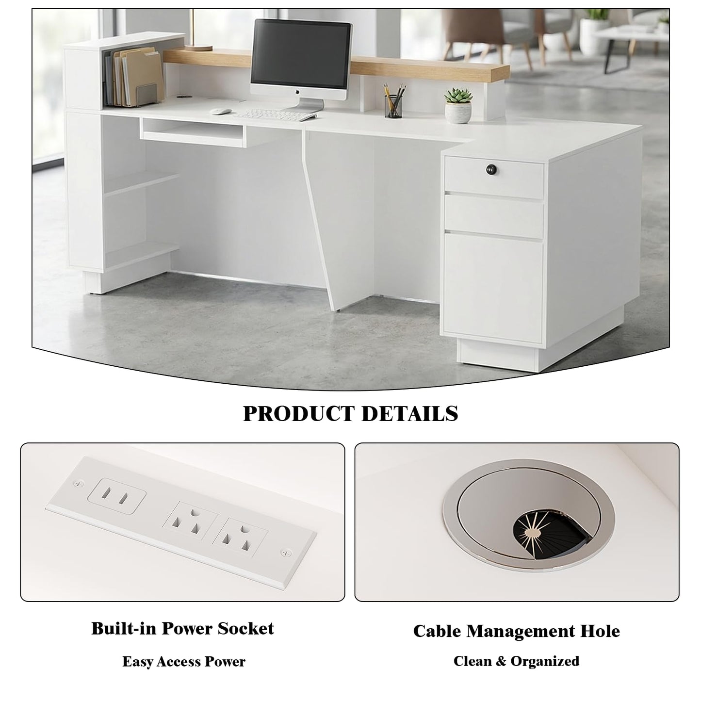 Laxodor 86.6" L-Shaped Reception Desk with LED Lights, Slatted Grille & Built-in Outlets, White Front Counter with Dimmable Switch for Salon, Retail & Office