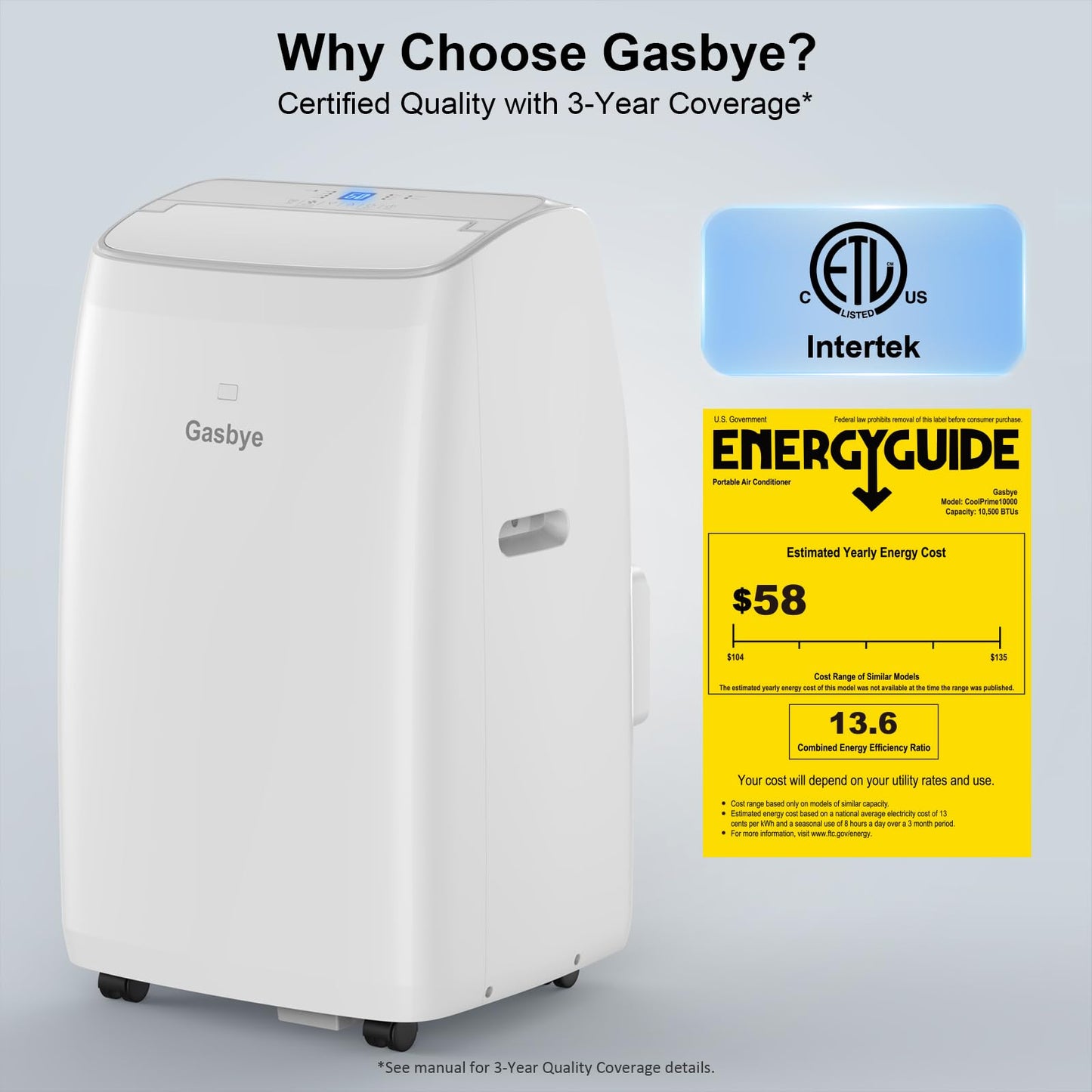 Gasbye Dual Hose Portable Air Conditioner, [2026 Upgraded] Full DC Inverter Compressor, Energy-Saving 13.6 CEER, Low Noise (45dB), Cools Room up to 500 Sq.Ft., Backlit Remote Control, 14,000BTU, White