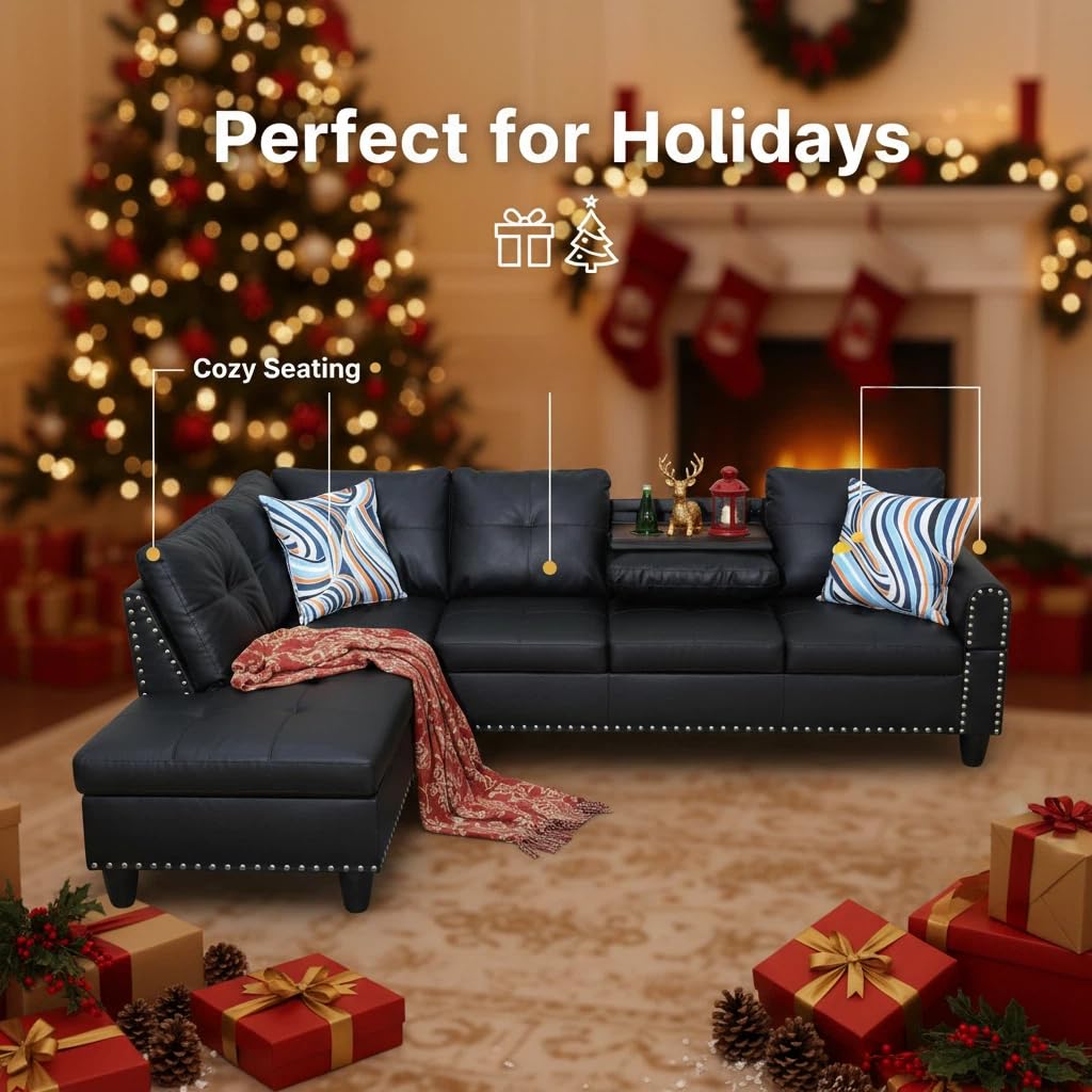 Trygoal L-Shaped Sectional Sofa with Cup Holder, Leather 4-Seat Couch with Chaise Lounge, Modern Upholstered Living Room Furniture, Black