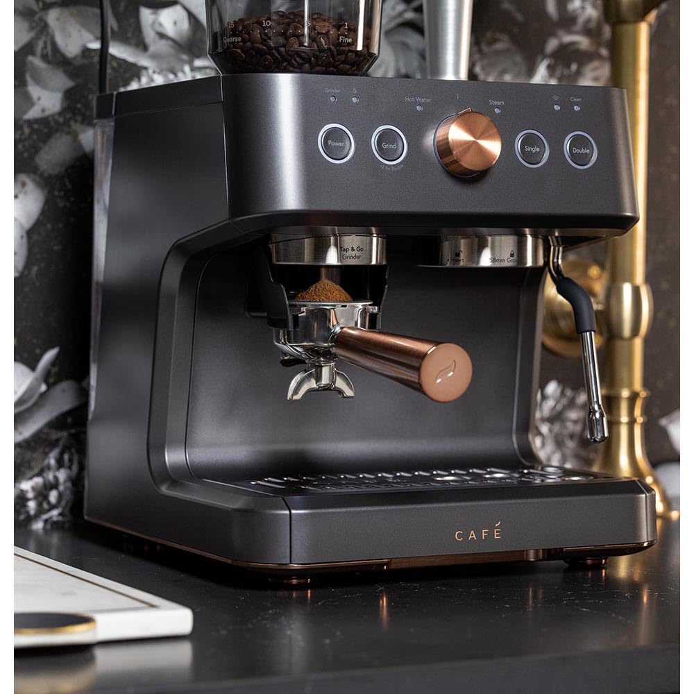 Café Bellissimo Semi Automatic Espresso Machine with Grinder & Milk Frother | Copper Accents | WiFi App Control | Large 95oz Tank | Matte Black