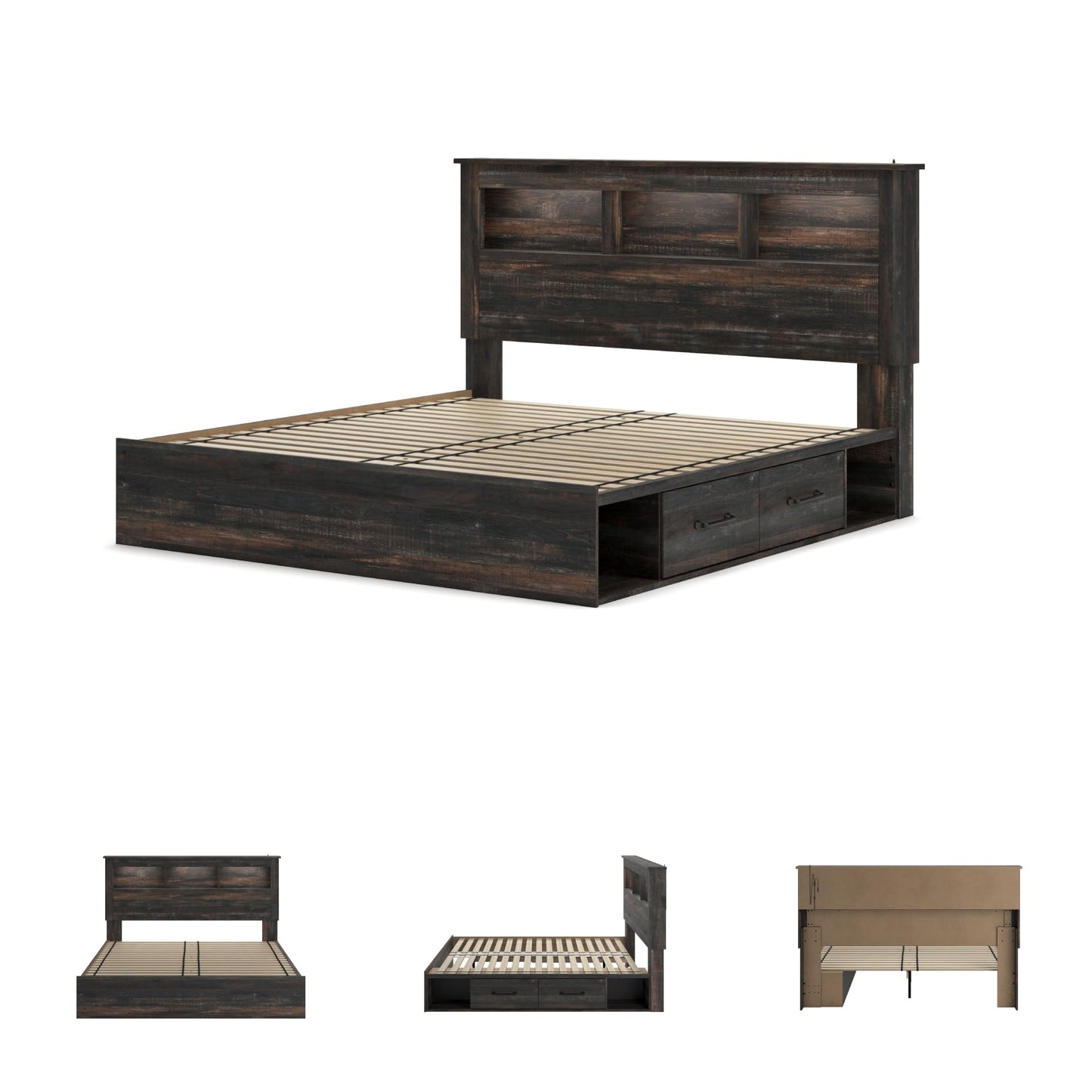 Signature Design by Ashley Drystan King Bookcase Bed with 2 Storage Drawers, Dimming LED Lights, Engineered Wood Construction, Rustic Industrial Platform Frame for Bedrooms, Multi, King