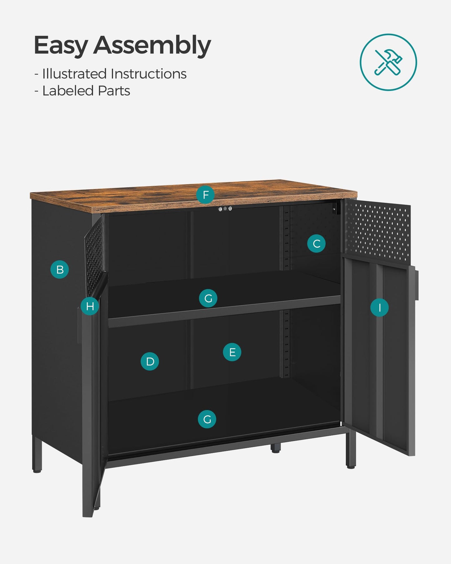SONGMICS Set of 2 Storage Cabinets, Metal Cabinet, Sideboard with 2 Doors, 15.7 x 31.5 x 29.9 Inches, Magnetic Closure, Adjustable Shelf, Steel Frame, Rustic Brown and Black ULSC791B01