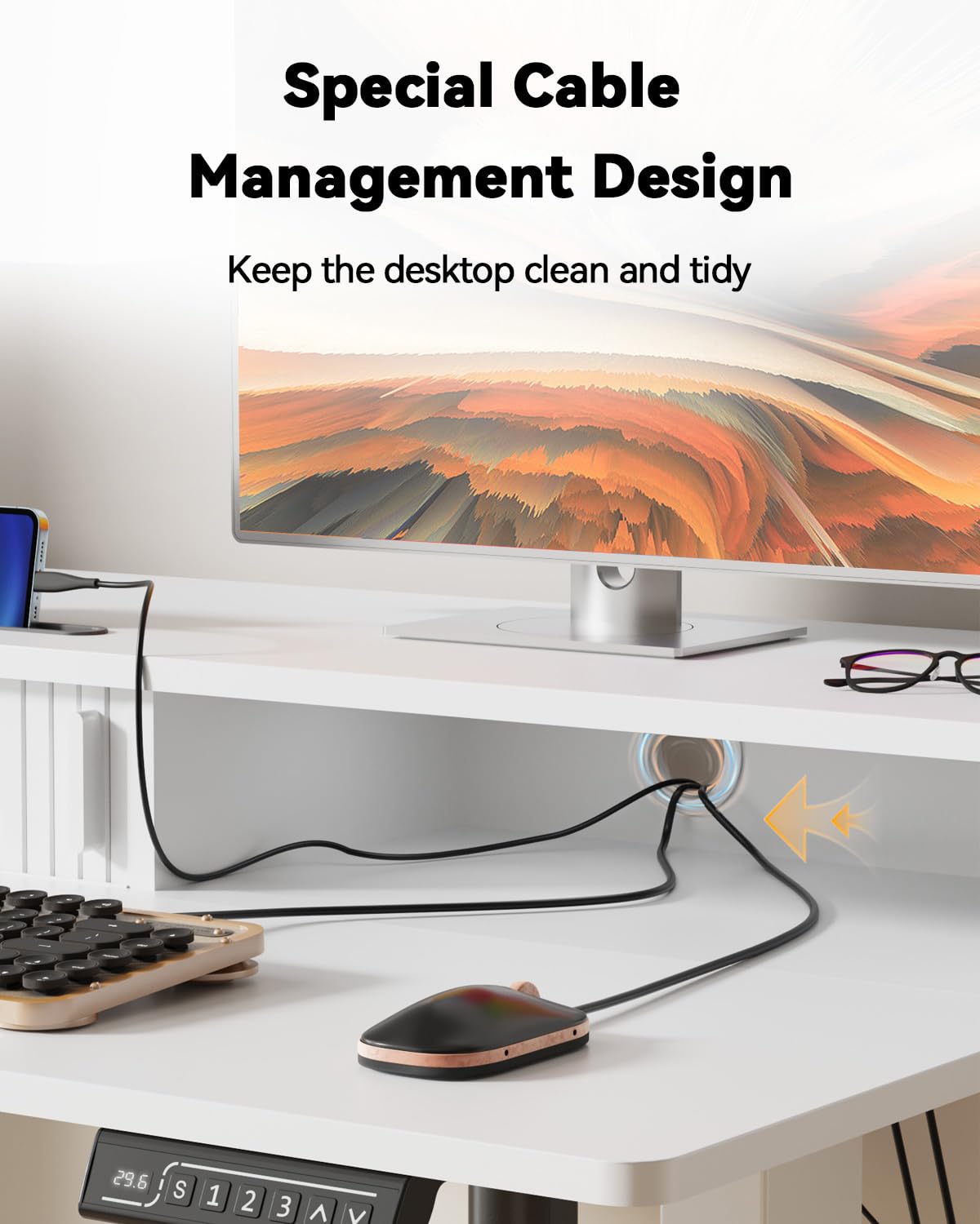 JOY worker Small Electric Standing Desk, 35" x 25" Height Adjustable Desk with Built-in Monitor Stand & Storage Drawer, White Sit Stand Table with 2 Hooks for Home Office