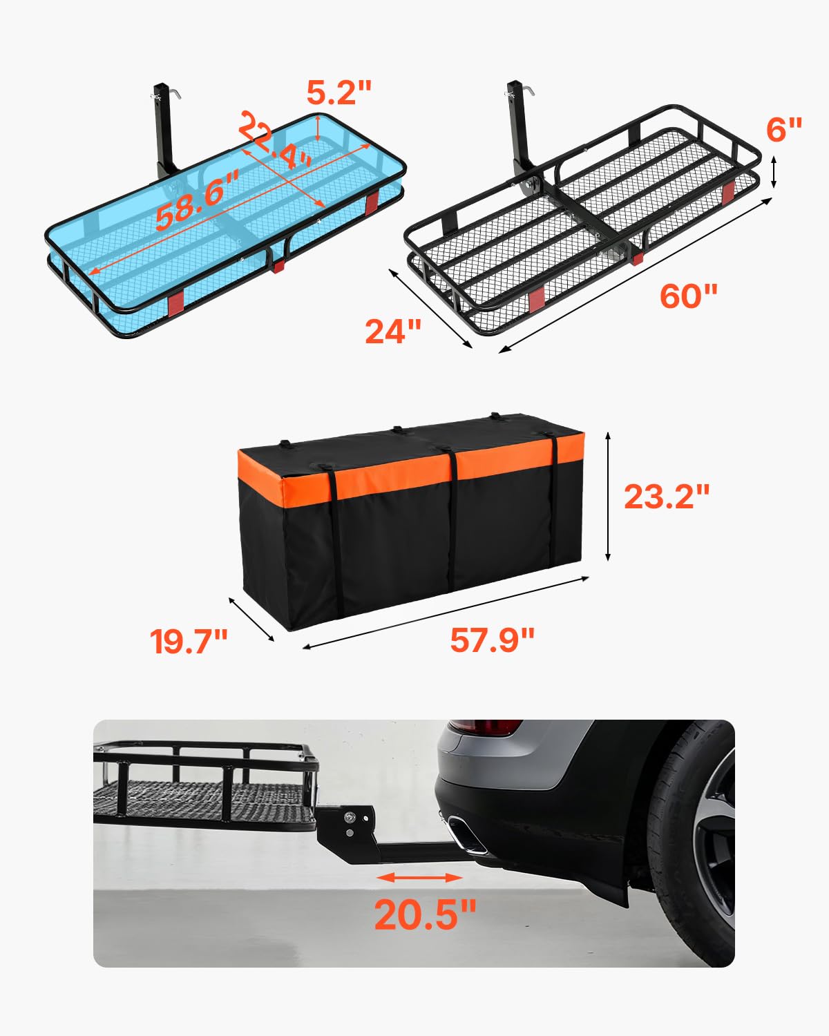 VEVOR 60 x 24 x 6 in Folding Hitch Cargo Carrier 500lbs Capacity