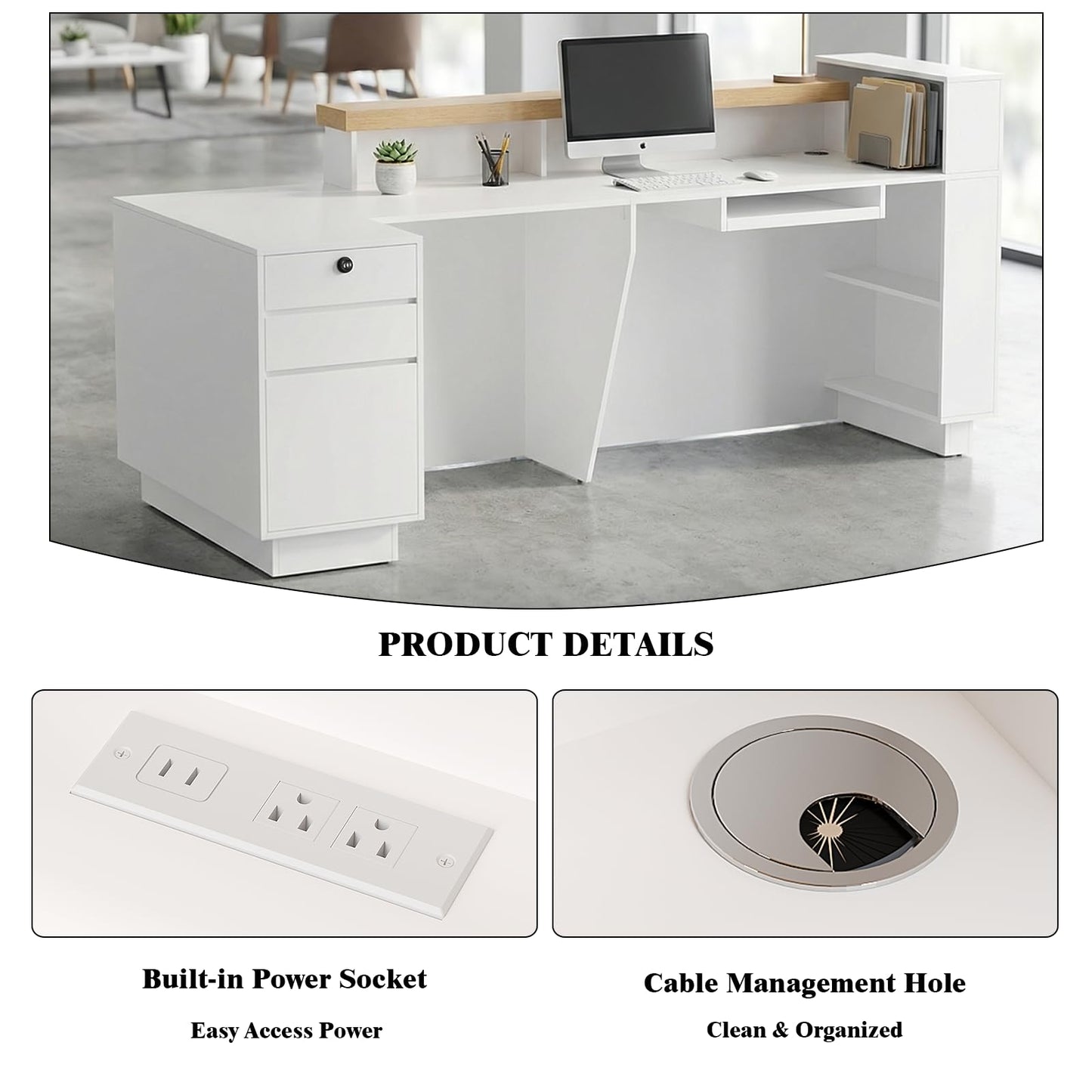 63" L-Shaped Reception Desk with LED Lights and Slatted Grille, Modern Front Desk with Built-in Outlets for Salon, Retail Store,Office,White Checkout Counter with Dimmable Switch,Reception Counter
