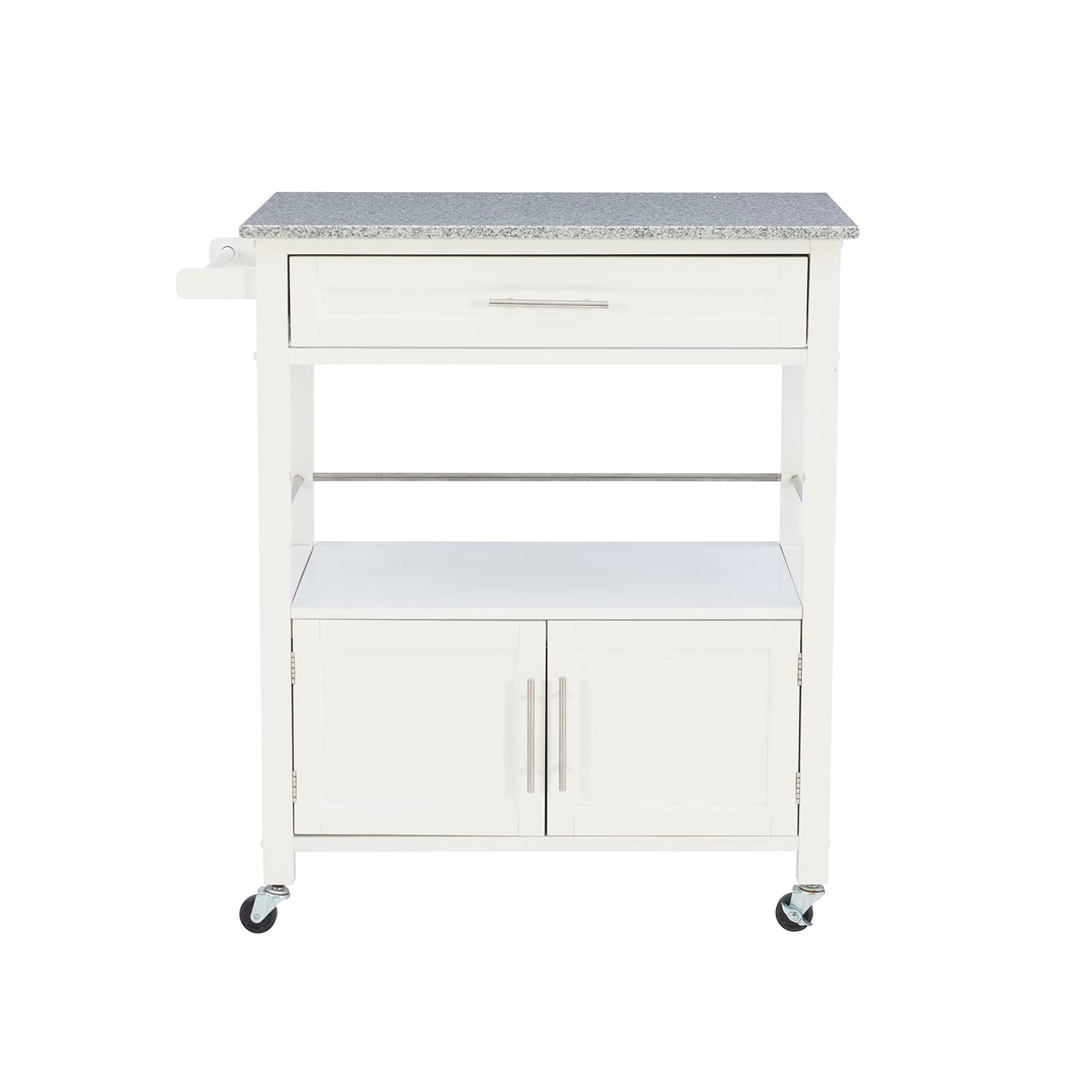 Linon Kyler White Granite Topped Kitchen Cart with Lockable Casters and Hidden Storage Spaces