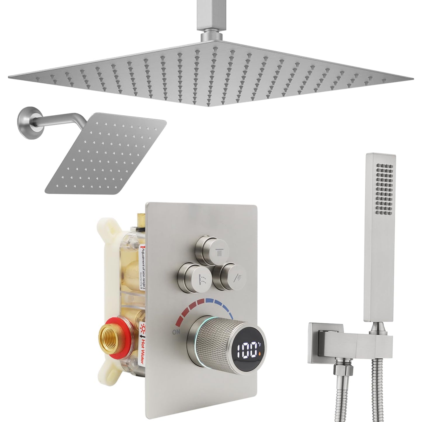 Shower System 12 Inches & 6 Inches Rainfall Shower Head System for Bathroom 3 Function Shower System Set Shower Faucet Concealed Installation Valve（Brushed Nickel）