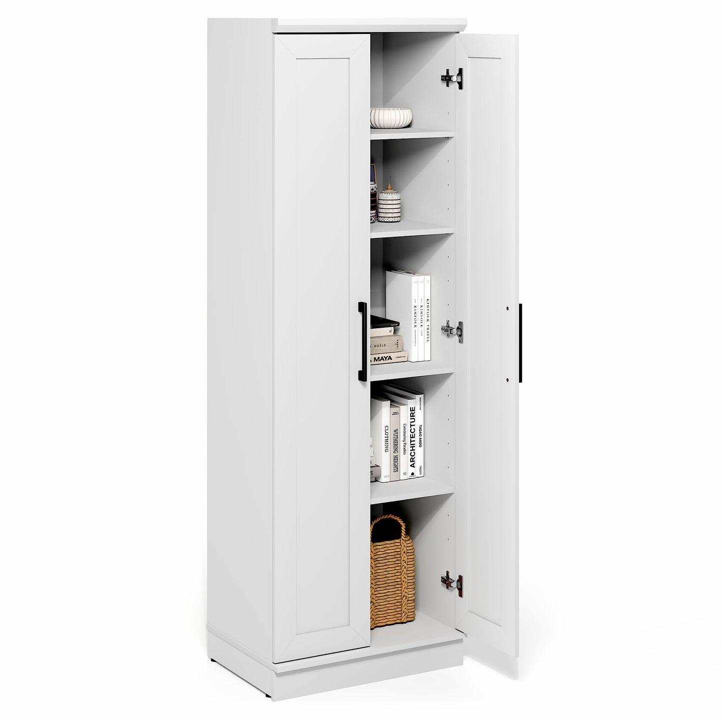 Furinno Robin Storage Cabinet, 5-Tier Pantry Cabinet with Adjustable Shelves, 23W with 2 Shaker-Doors, Kitchen Cabinet, Organization and Storage, for Pantry, Living Room, Home Office, White