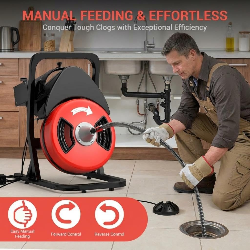 50ft x 1/2" Auto-Feed Drain Snake Cleaning Machine - 450W Electric Sewer Auger with 4 Cutters & Wheels for Sink, Toilet, Floor Drain