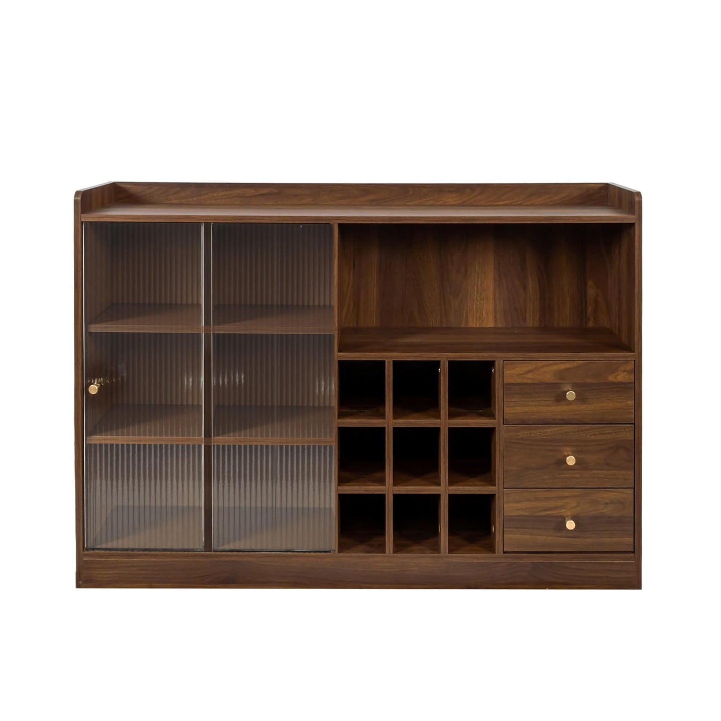 KEIKI Kitchen Sideboard Buffet Storage Cabinet with 2 Glass Sliding Door, Wine Bottles Rack, 3 Drawers, Display Shelves, Wood Coffee Bar Dinning Room Pantry