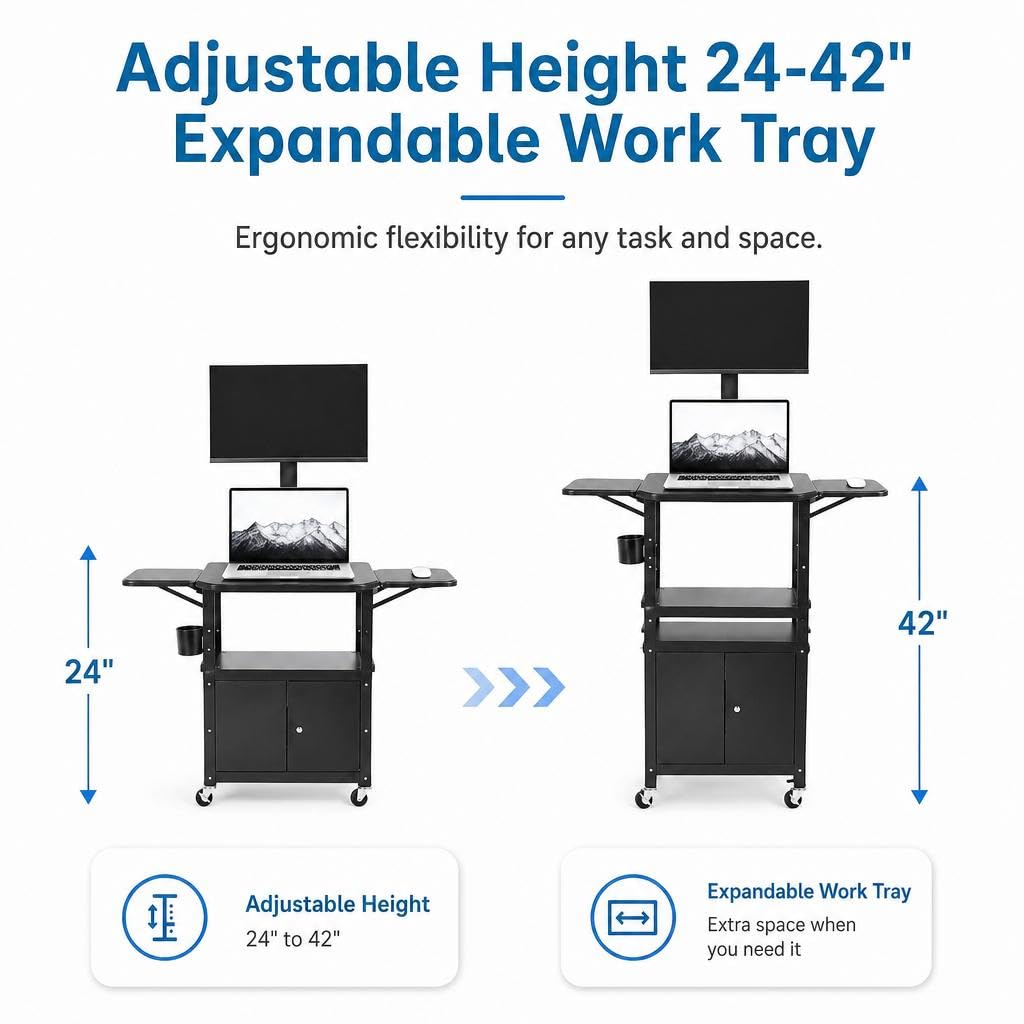 Rolling AV Cart, Adjustable Height Utility Cart with Locking Cabinet, Mobile Media Cart on Wheels, Laptop Stand, Drop Leaves, Pullout Keyboard Tray, Power Strip, Perfect for Office, Home, School Use