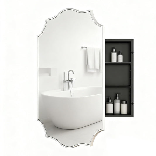 VIWILII Sliver Scalloped Edge Vintage Medicine Cabinet Mirror, Decorative Bathroom Storage Cabinet with 2 Adjustable Shelves, Recessed or Surface Mount (Brushed Sliver, 20x26)