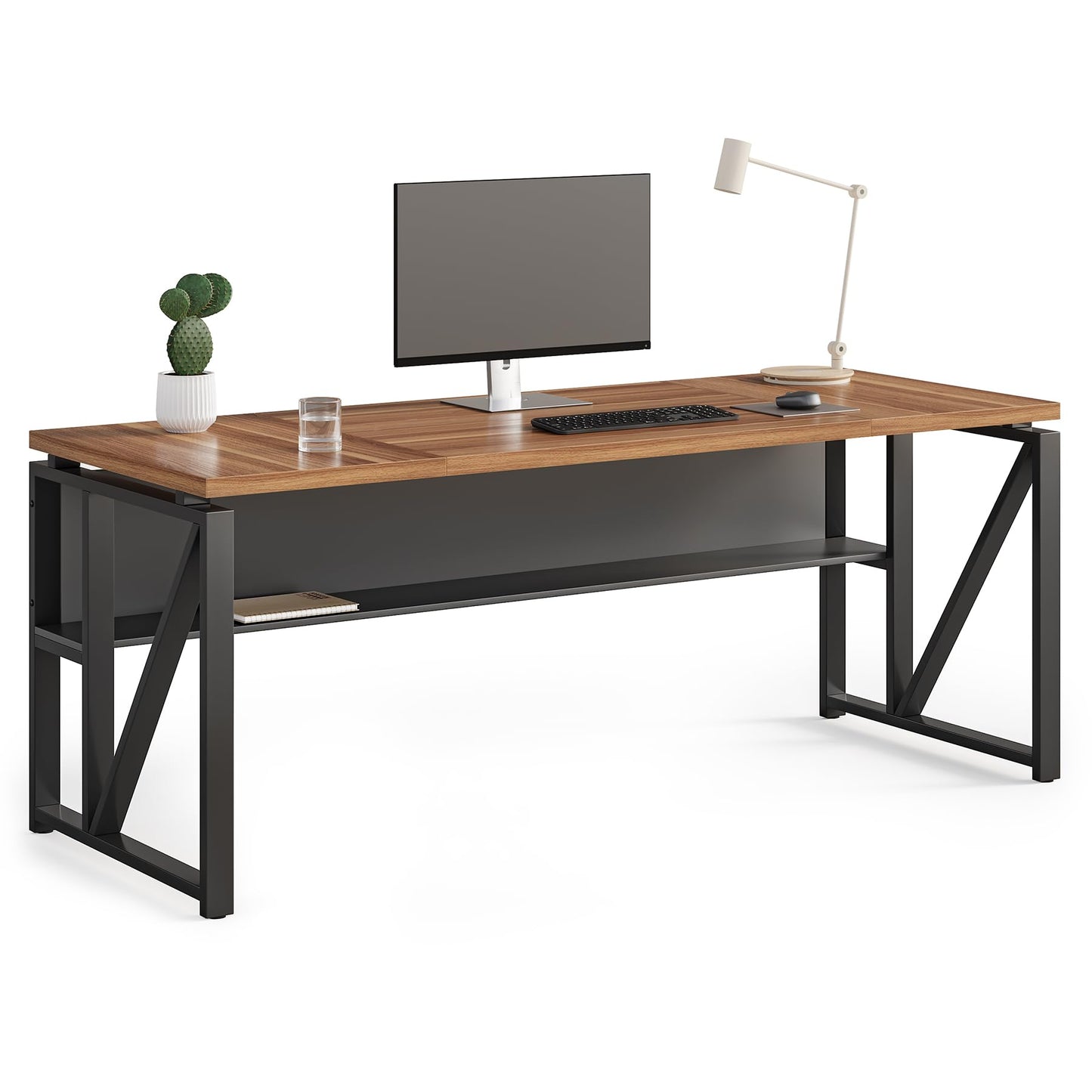 LITTLE TREE 63-Inch Executive Office Desk, Large Computer Desk with Storage Shelf, Executive Desk with Metal Frame, Study Writing Desk Work Station for Home Office, Brown + Black