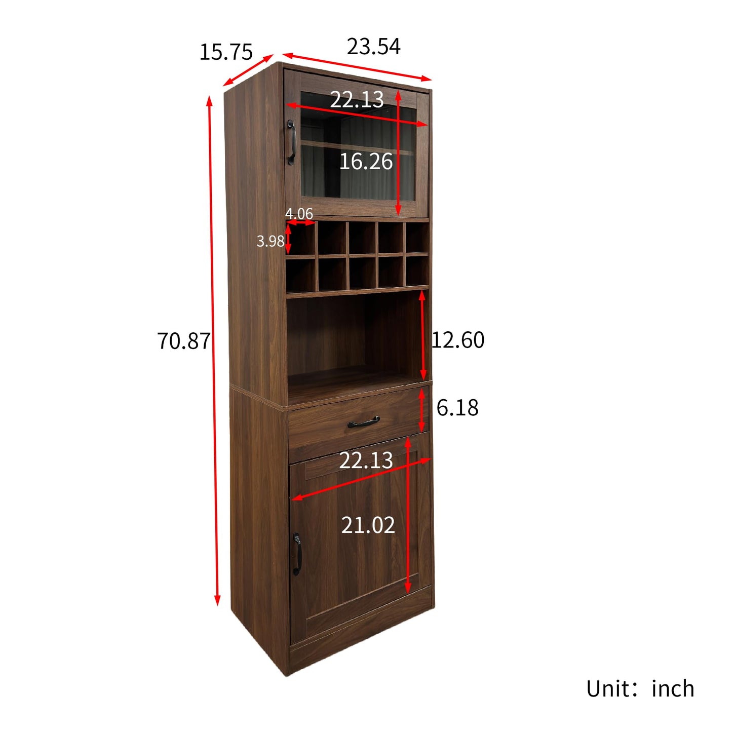 KEIKI 70.87" H Tall Kitchen Pantry Wine Bar Storage Cabinet with Countertop, Wine Rack, Glass Doors, Drawers, Wood Freestanding Hutch Food Pantries Cupboard for Coffee, Dining Living Room