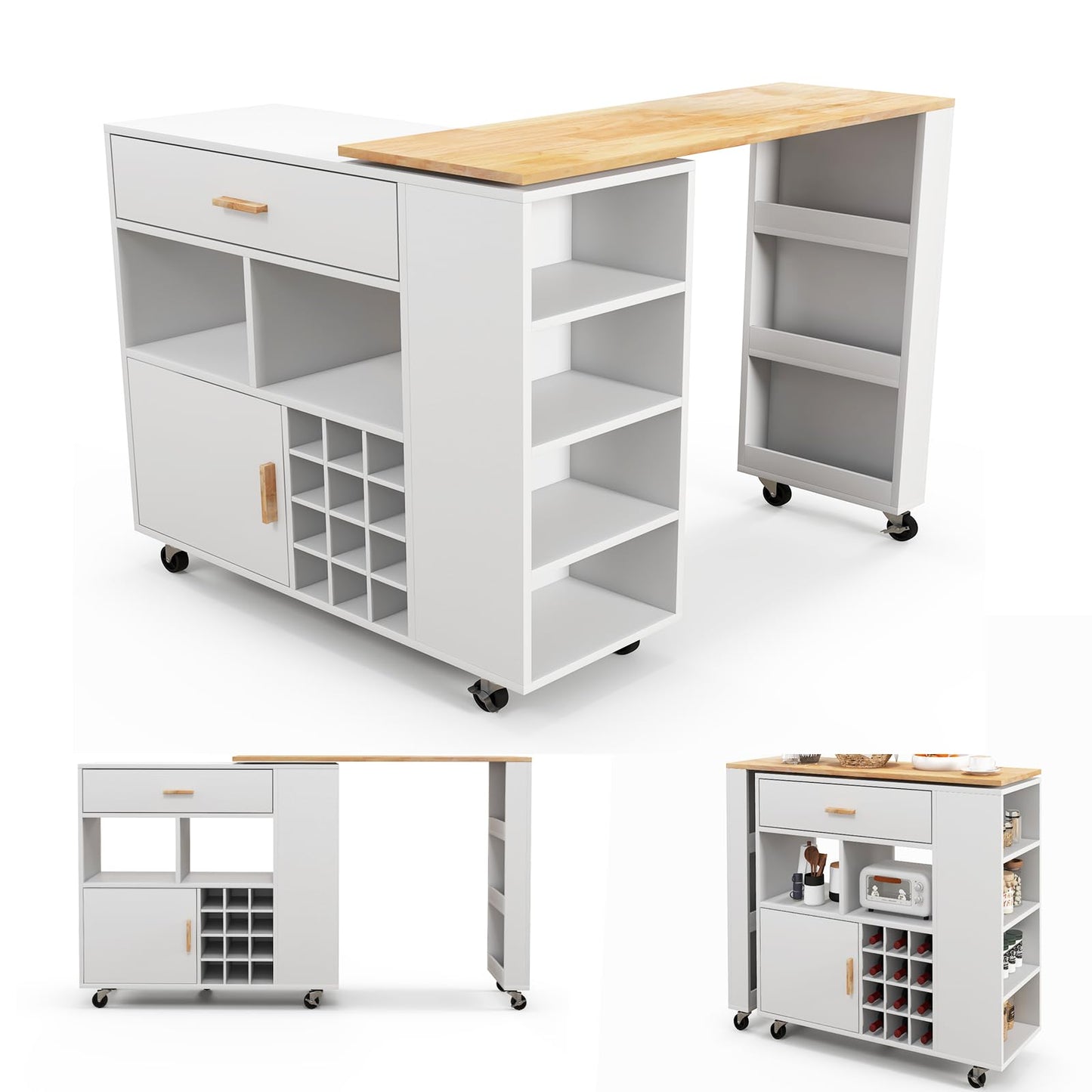 Giantex Mobile Kitchen Island Cart, 4-in-1 Reversible Serving Cart Bar Table Combo, Storage Cart on Wheels w/Rubber Wood Top, Adjustable Shelf, 12-Bottle Wine Rack, Spice Rack for Dining Room, White