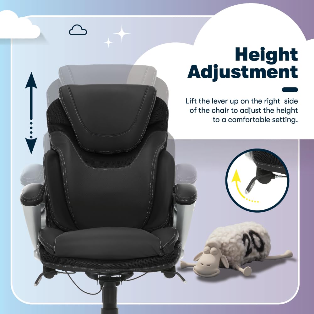 Serta Bryce Executive Office Chair, Ergonomic Computer Desk Chairs with Patented AIR Lumbar Support, Comfy Body Pillows, Height Adjustable, Swivel Base with Wheels, Bonded Leather, Black