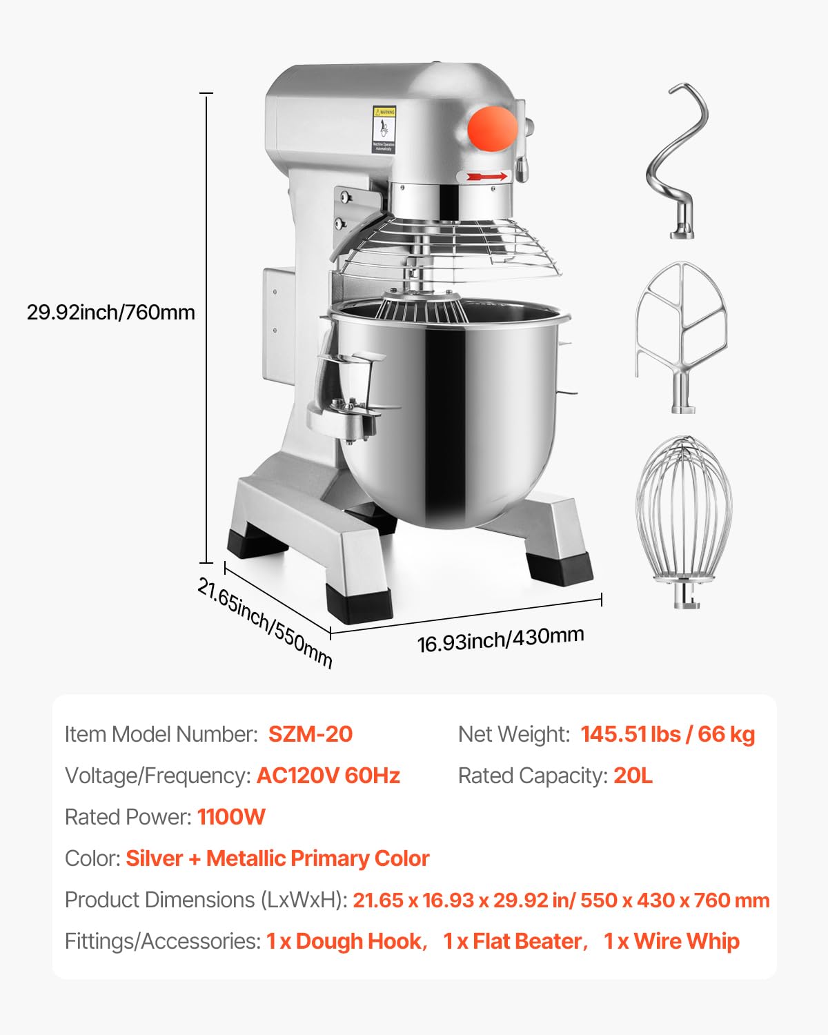 Happybuy 20Qt Commercial Food Mixer with Timing Function， Commercial Mixer 1100W Stainless Steel Bowl Heavy Duty Electric Food Mixer Commercial with 3 Speeds Adjustable, Perfect for Bakery Pizzeria
