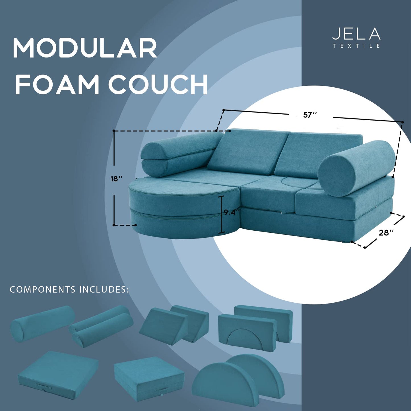 jela Couch 14PCS Luxury, Floor Sofa Modular Furniture for Adults,Kids. Playhouse Play Set for Toddlers Babies, Modular Foam Play Couch, Modular Sectional Sofa (Teal, 57"x28"x18")