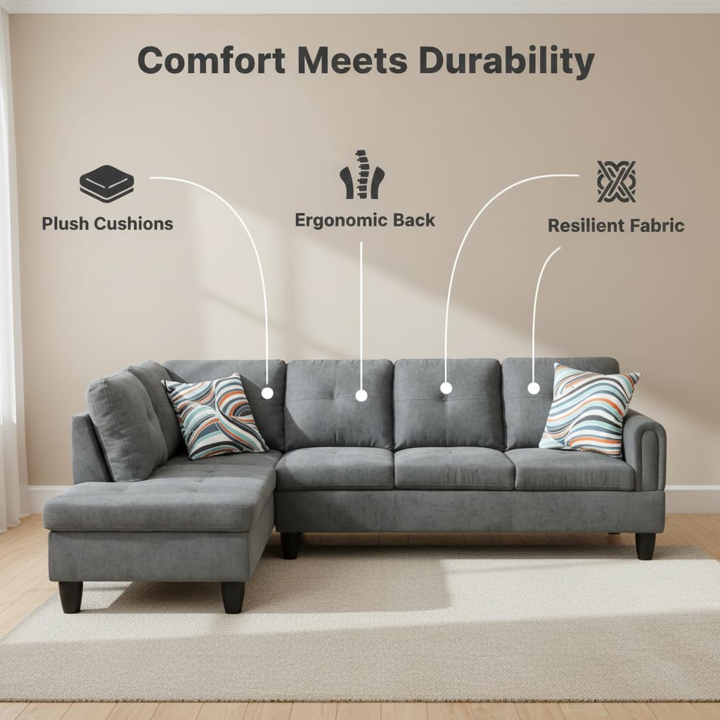Trygoal Modern L-Shaped Sectional Sofa with Chaise Lounge, 4-Seater Fluffy Couch with High-Density Foam Cushions, for Living Room, Apartment, Studio, Easy Assembly, Dark Grey