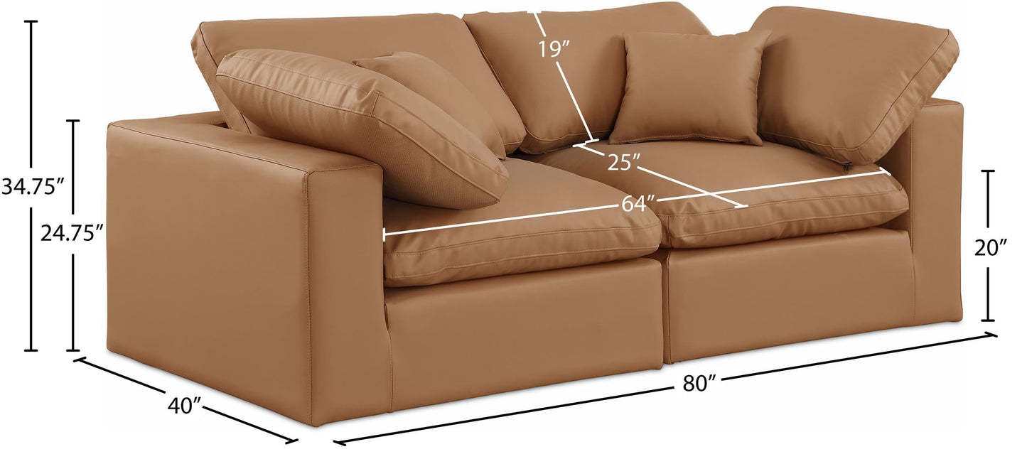 Meridian Furniture 188Cognac-S80 Comfy Collection Modern | Contemporary Upholstered Modular Sofa with Soft Cognac Vegan Leather, Fiber-Filled, 80" W x 40" D x 34.5" H, Cognac