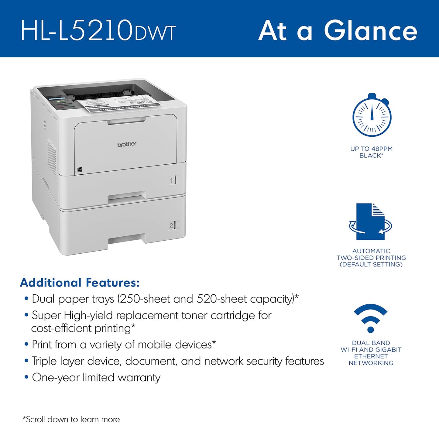 Brother HL-L5210DWT Business Monochrome Laser Printer with Dual Trays, Wireless and Gigabit Ethernet Networking, Duplex Printing, Large Paper Capacity, and Mobile Printing, White