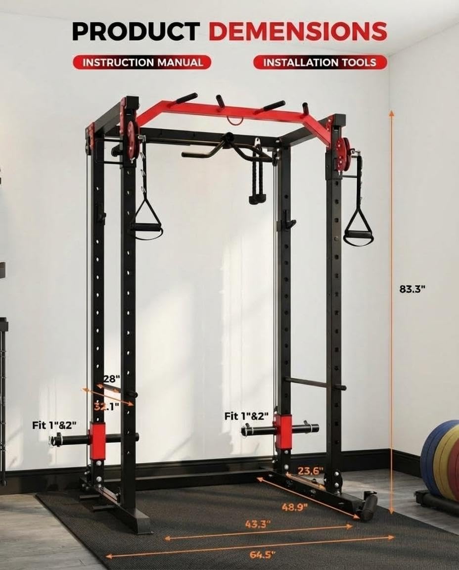 ExploreHorizon Power Cage with LAT Pulldown & Cable Crossover System, 2000LBS Multi-Functional Power Rack, All-in-1 Weight Cage Home Gym with Adjustable Pulley System, Squat Rack for Garage, Home