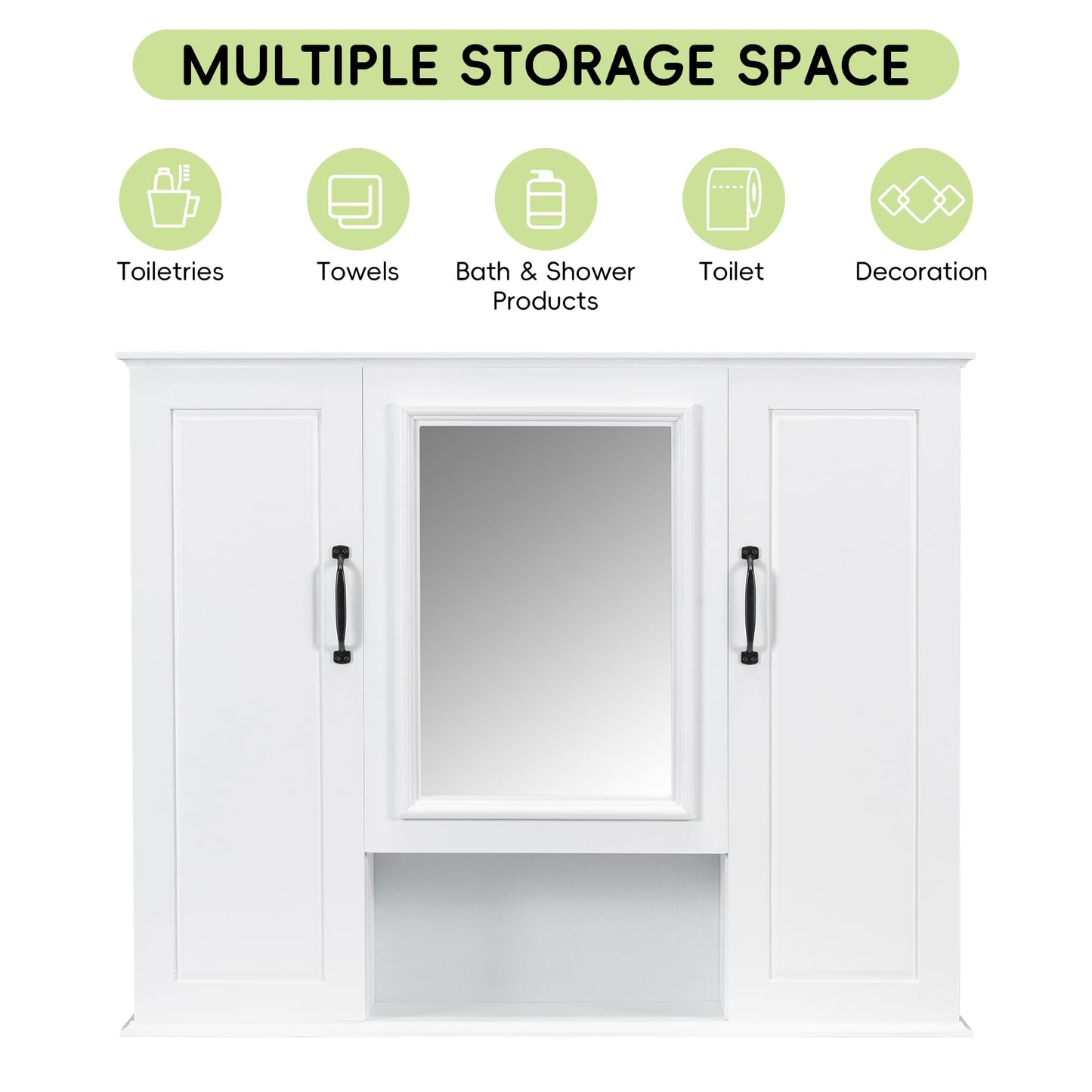 36x28 Inch Medicine Cabinet with Mirror, Wall-Mounted Wood Bathroom Storage Cabinet with Adjustable Shelf and 3 Doors for Laundry Kitchen, White