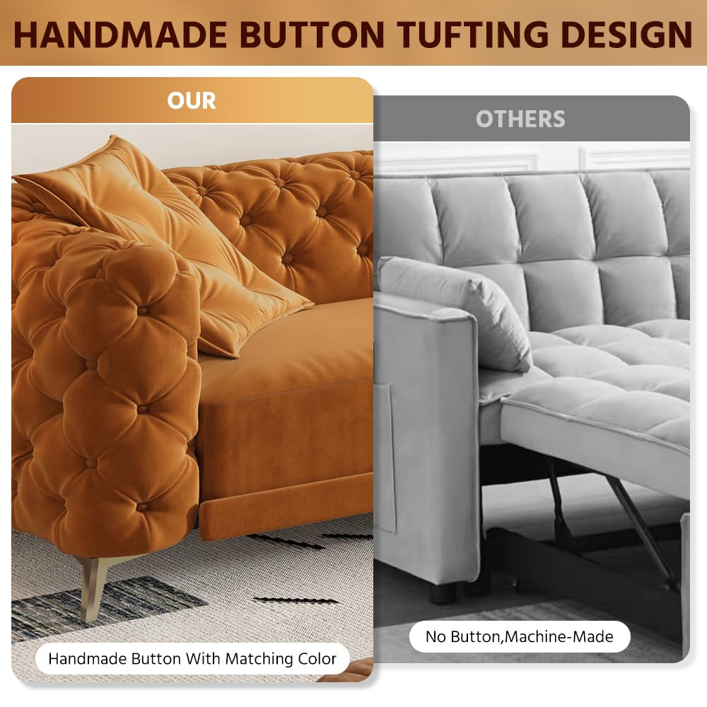 Ball & Cast 3-in-1 Convertible Sleeper Sofa with Movable Ottoman,97.7" Velvet Pull Out Sofa Bed, Modern Button Tufted 4-Seater Sofa Couch with Deep Seat for Living Room, Apartment,Office,Orange