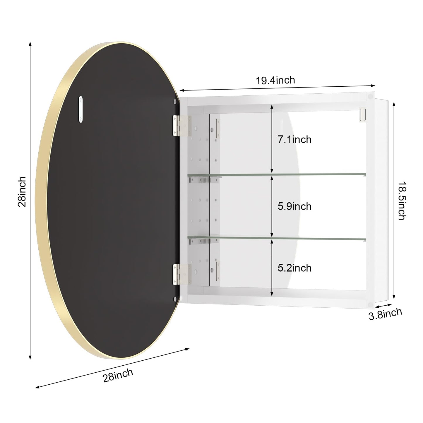 WallBeyond Bathroom Medicine Cabinet with Mirror, 28 Inch Gold Round Mirror Medicine Mabinet Wall Mounted with Aluminum Alloy Metal Framed, Surface Mount Medicine Cabinet with Storage