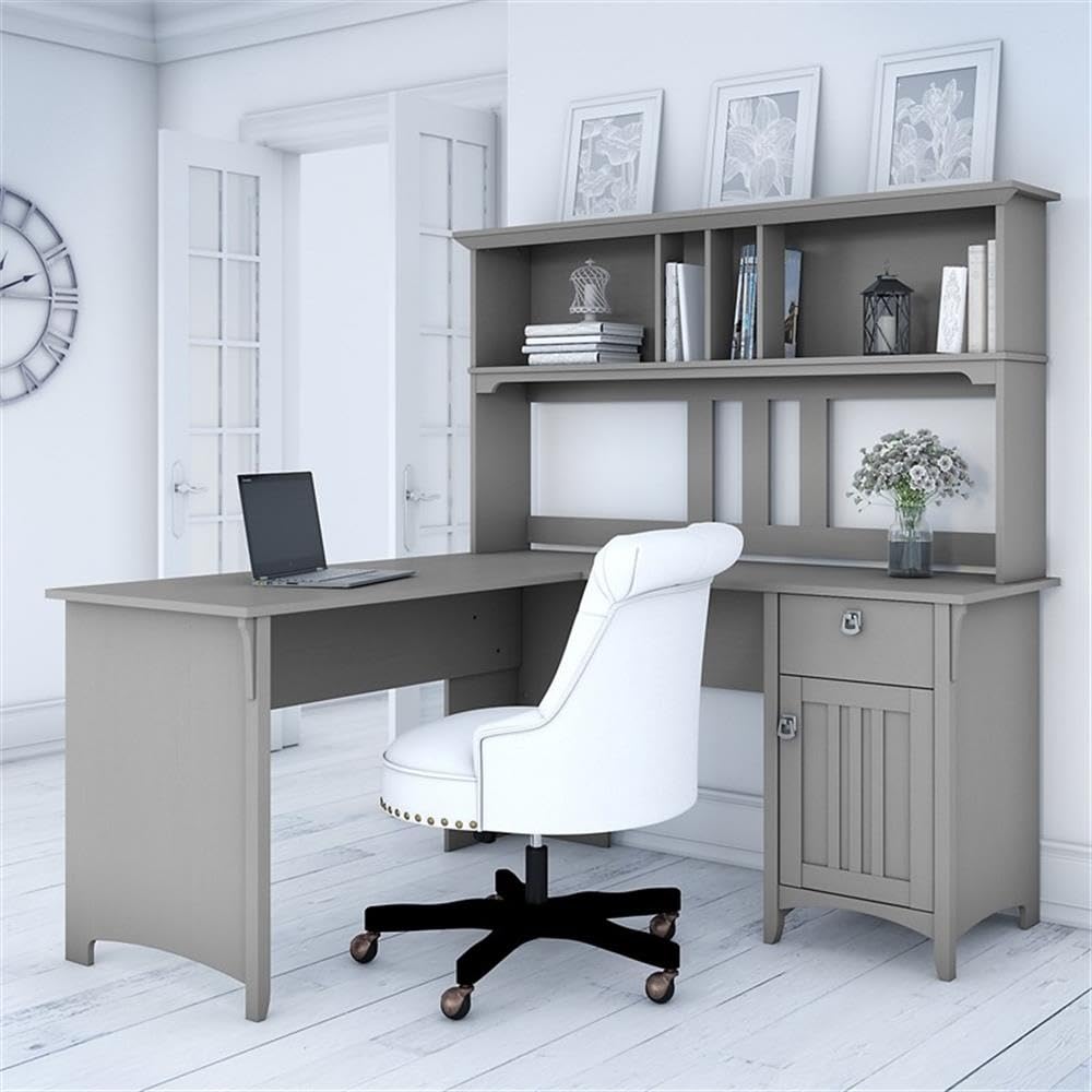 Bush Home Salinas L Shaped Desk with Hutch in Cape Cod Gray | Corner Table with Drawers and Storage for Home Office
