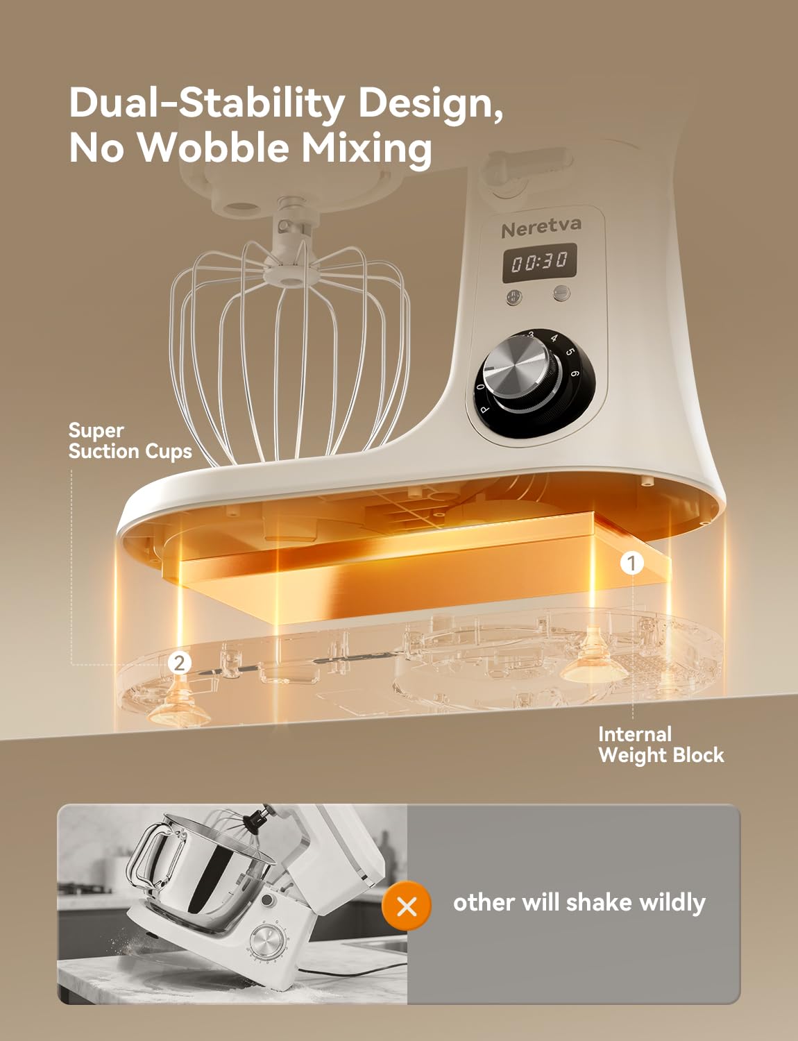 Neretva Stand Mixer, 6.34QT & 6 Speed Professional Mixers Kitchen Electric Stand Mixer Super Stable & Lower Noise Household Stand Mixer with Stainless Steel Bowl, Whisk, Flat Beater, Dough Hook -Beige