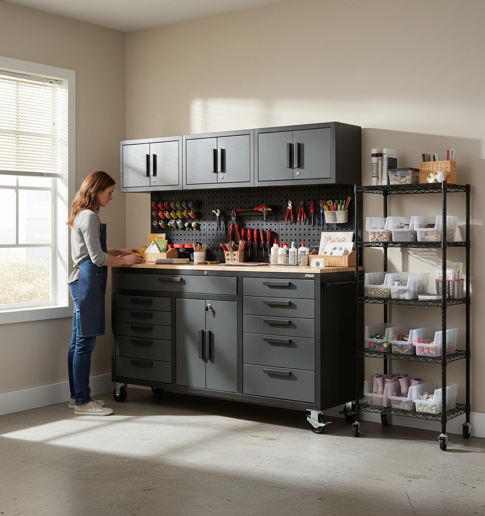 Tsnritor 72in Rolling Tool Chest Cabinet Mobile Garage Workbench Heavy-Duty Tool Cabinet on Wheels with 11 Drawers, 2-Door Cabinet, 3 Top Cabinet, Pegboard & Power Strip for Tool Organization
