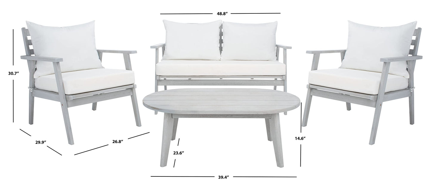 SAFAVIEH Outdoor - Deacon 4-Piece Conversation Set - Grey & Beige - Solid Wood - Coastal Slatted Design with Cushions - Ideal for Patio, Deck, Porch, Backyard (PAT7050H)