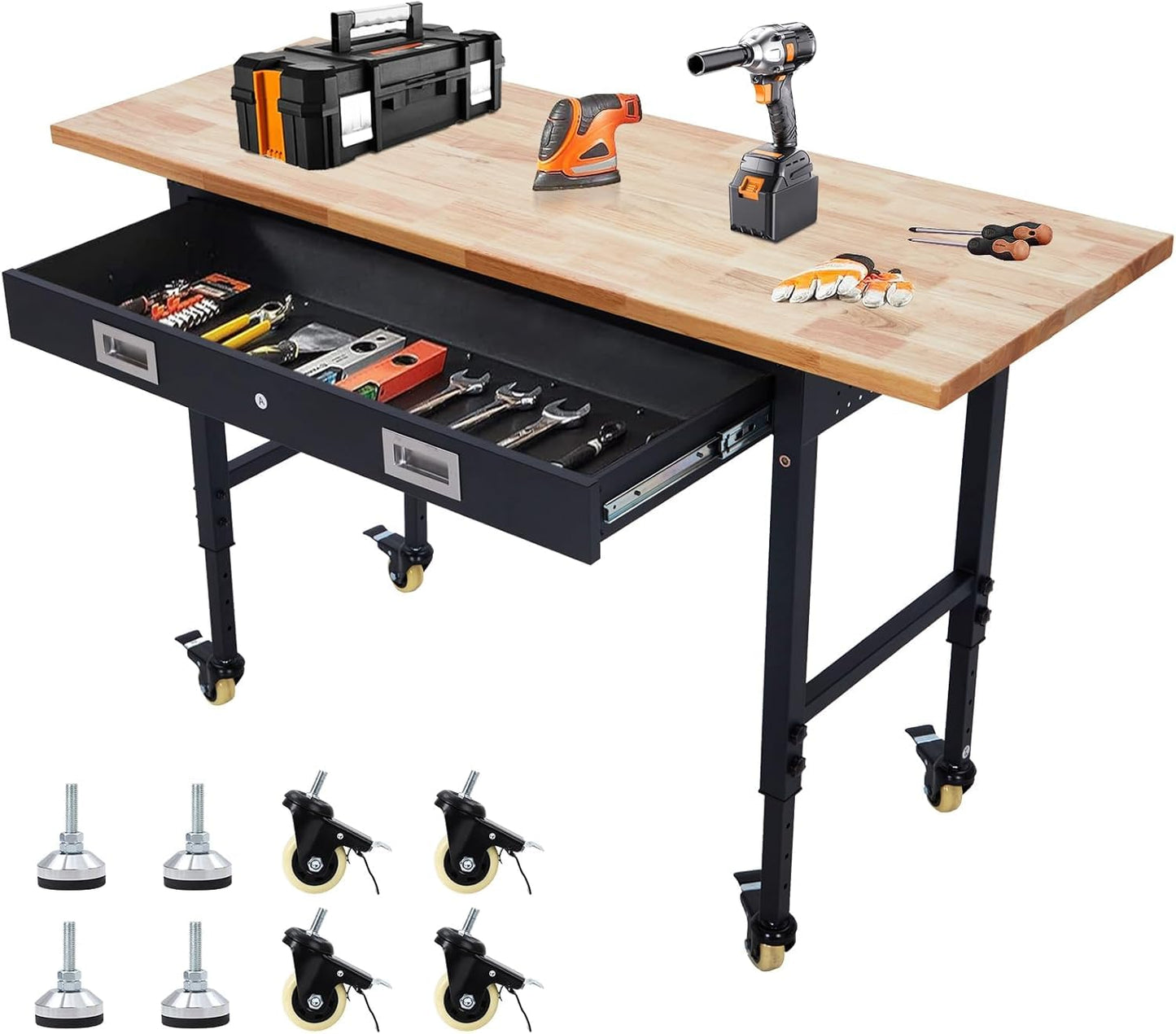60" x 22" Adjustable Height Workbench - Heavy Duty 2000 lbs Load Capacity, Solid Rubber Wood Top, Sturdy Metal Frame, Workstation with Drawer & Rolling Casters, Power Outlets for Garage & Workshop