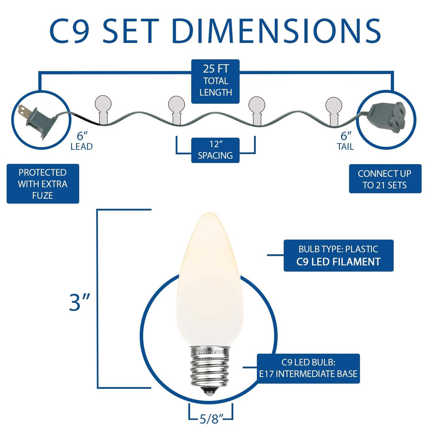 Novelty Lights Vintage LED C9 String Lights, 25 Ft, Red Ceramic Bulbs, 12in Spacing, Model MRD-25B, Indoor/Outdoor Use