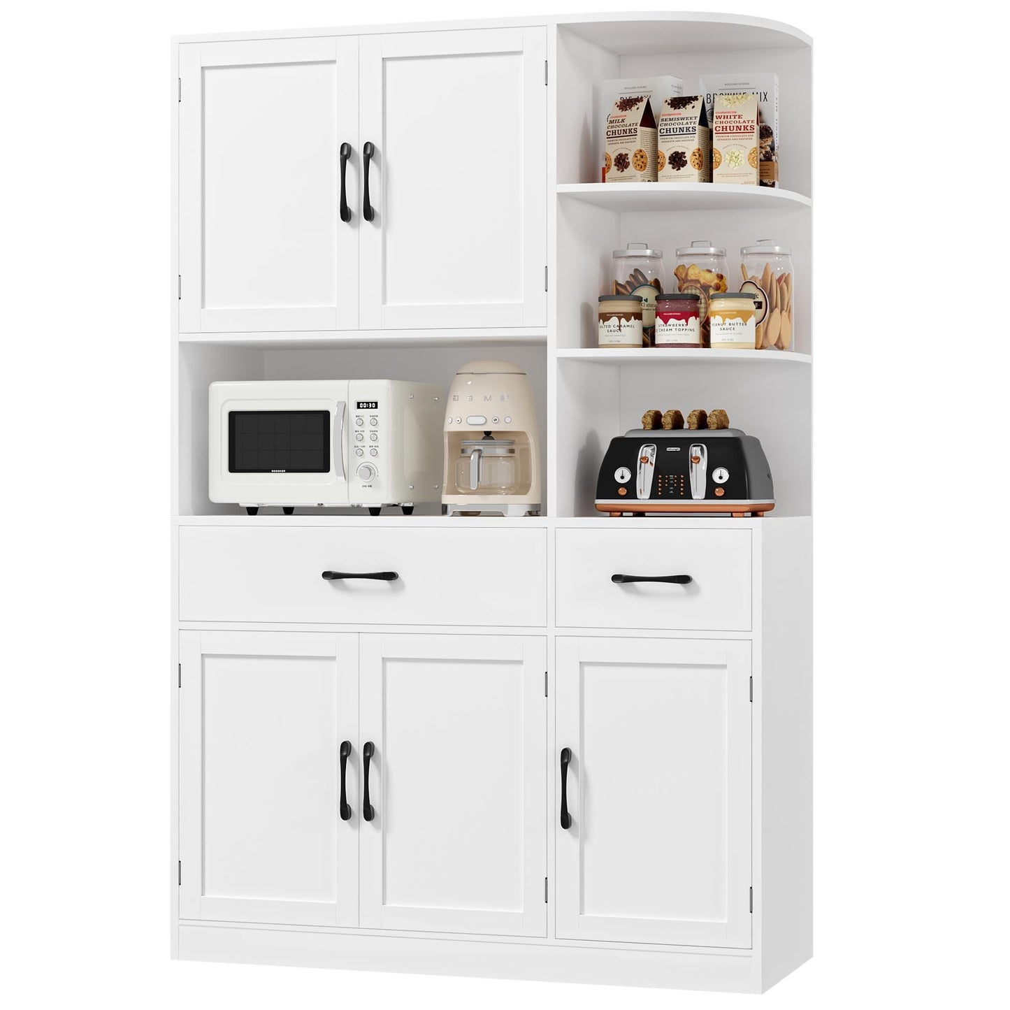 BOTLOG 67" Kitchen Pantry Cabinet, Modern Kitchen Hutch with 5 Doors and 2 Drawers, 3-Tier External Shelf, Large Pantry Storage Cabinet with Microwave Stand for Dining Room (White)