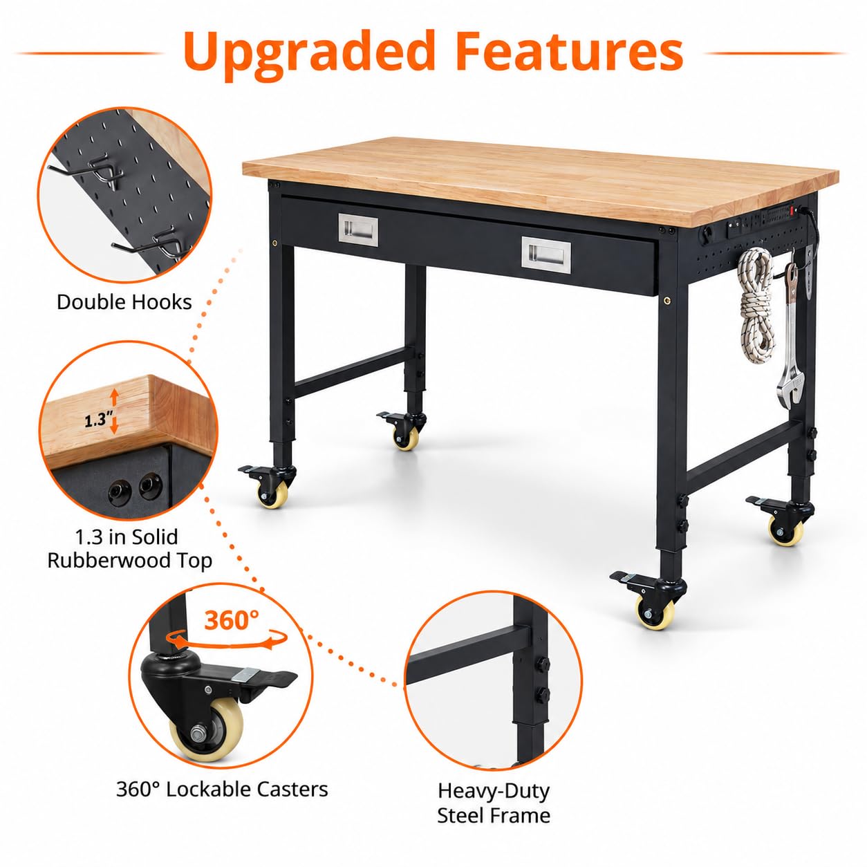 48"x24"x1.2" Heavy Duty Adjustable Workbench with Rubber Wood Top, Drawer Storage, 9 ft Power Strip, 2000 LBS Load Capacity, Lockable Wheels, ETL Certified, Black Garage & Workshop Table