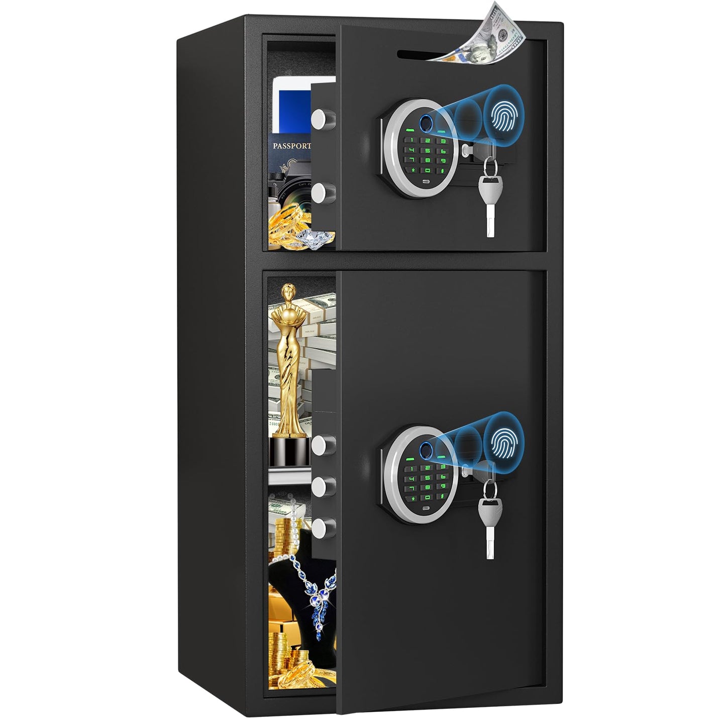 6.5 Cuft Extra Large Home Safe Box Fireproof Waterproof, Biometric Fingerprint Home Security Safe Box with Adjustable Shelf & Deposit Slot, Money Safes with Backlit Keypad & Dual Alarm for Home Office