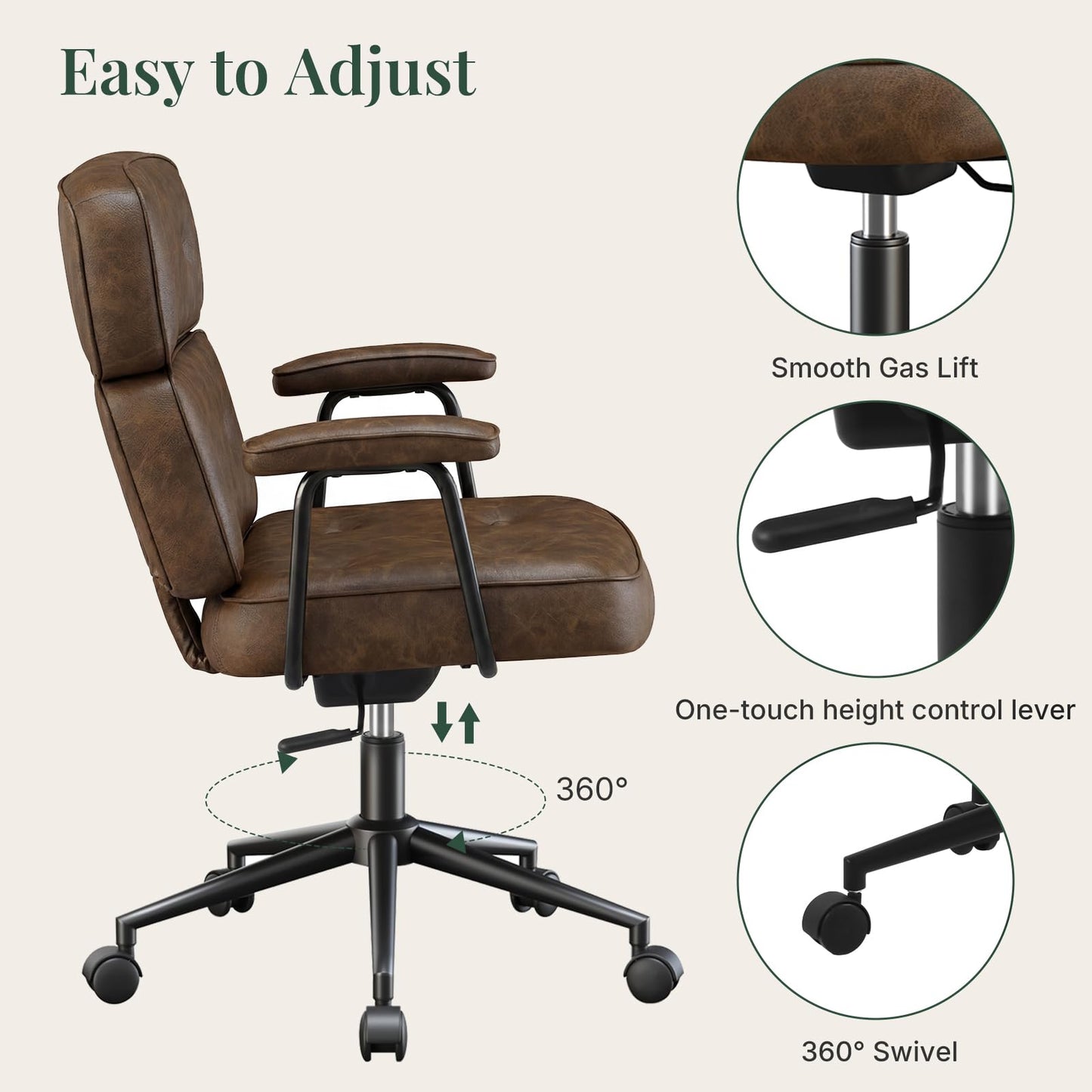 HAPPYMONT Ergonomic High Back Leather Office Chair, Executive Computer Desk Chair with Lumbar Support & Padded Arms, Adjustable Height 360° Rolling Swivel Task Chair for Home Office, Brown