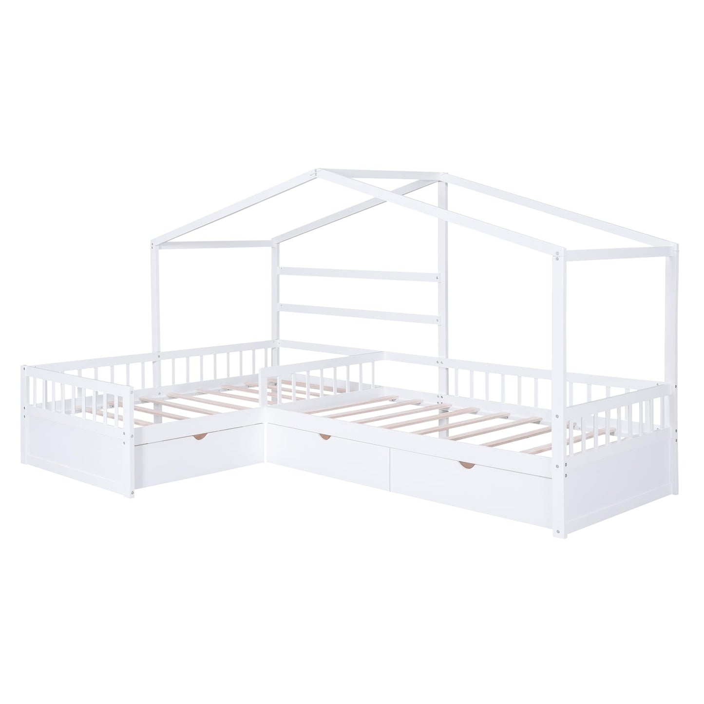 Merax House Bed for 2 Kids Twin Size, Wood L-Shaped Double Platform Bed with 3 Storage Drawers, for Boys Girls Teens, White