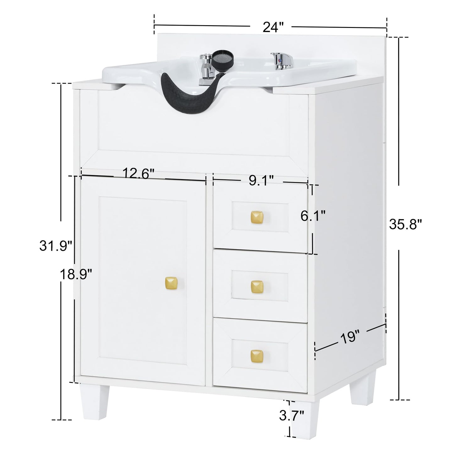 BarberPub Barber Storage Shampoo Station, Spa Textured Embossed Cabinet with Shampoo Bowl & Drawers, Hair Salon Sink Backwash Equipment 7131 (All White)